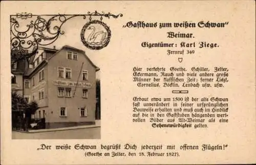 Ak Weimar in Thüringen, Gasthaus zum weißen Schwan, Gedicht, Inh. Karl Ziege