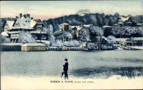 Ak Bredeney Essen im Ruhrgebiet, Villa Hügel, Mann am Ufer, Winter