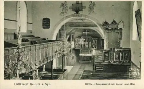 Ak Keitum auf Sylt, Kirche, Innenansicht mit Kanzel und Altar