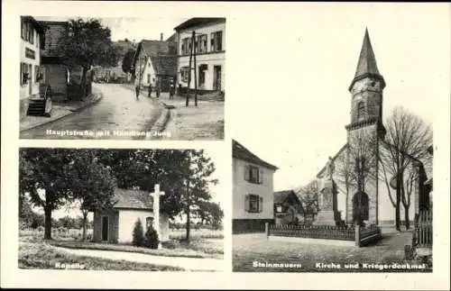 Ak Steinmauern, Hauptstraße mit Geschäftshaus Jung, Kirche, Kriegerdenkmal, Kapelle