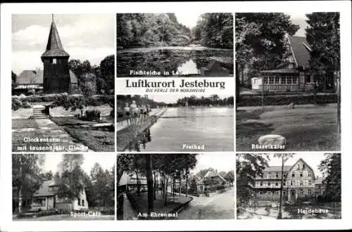 Ak Jesteburg in Niedersachsen, Glockenturm, Rüsselkäfer, Freibad, Ehrenmal, Sport-Café