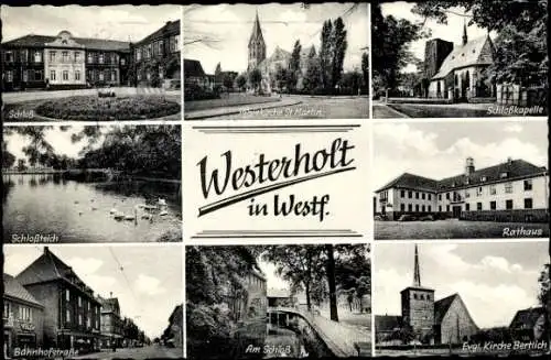 Ak Westerholt Herten Westfalen, Schlosskapelle, Kirche, Teich, Rathaus, Schloss