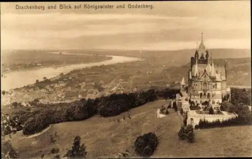 Ak Königswinter am Rhein, Drachenfels, Drachenburg, Totalansicht, Godesberg