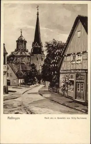 Künstler Ak Aschmann, Willy, Rellingen in Schleswig Holstein, Schmidt's Weinstuben, Kirche