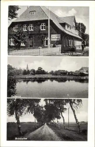 Ak Ramelsloh Seevetal in Niedersachsen, Scharfenbergs Gasthaus, Dorfteich, Birkenallee