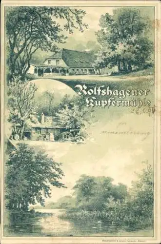 Litho Tremsbüttel in Schleswig Holstein, Rolfshagener Kupfermühle, Seeblick, Wassermühle