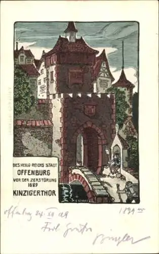 Künstler Ak Offenburg in Baden Schwarzwald, Kinziger Tor vor der Zerstörung 1689