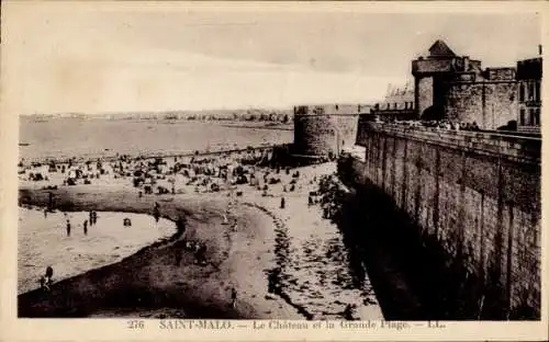 Ak Saint Malo Ille et Vilaine Bretagne, Schloss und Grande Plage