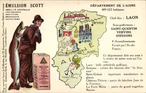 Landkarten Ak Aisne, Emulsion Scott Reklame, Fischer mit Fang, Laon