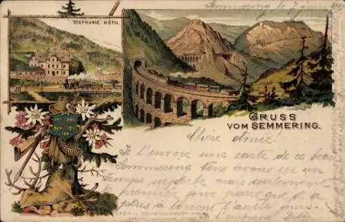 Litho Semmering in Niederösterreich, Stephanie Hotel, Viadukt, Eisenbahn