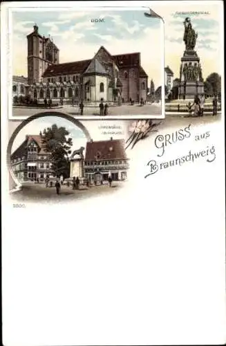 Litho Braunschweig in Niedersachsen, Dom, Siegesdenkmal, Löwensäule, Burgplatz