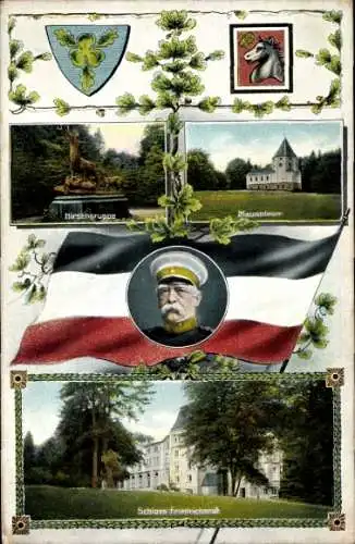 Passepartout Ak Aumühle Lauenburg, Hirschgruppe, Mausoleum, Schloss Friedrichsruh, Wappen, Bismarck