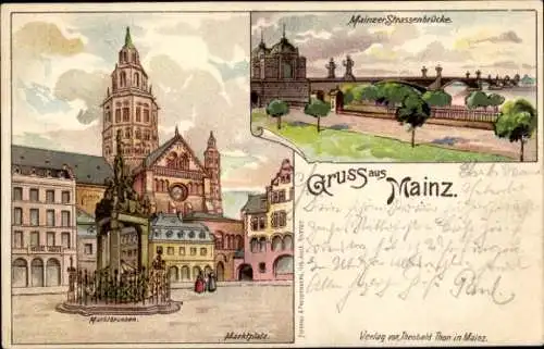 Litho Mainz am Rhein, Rheinstraße, Marktbrunnen, Straßenbrücke