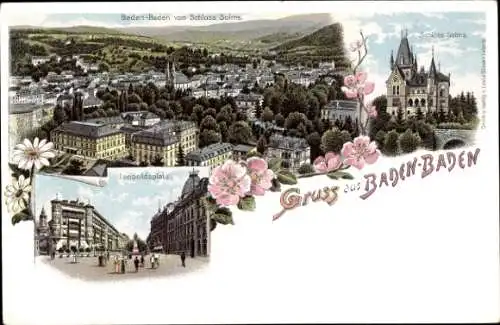 Litho Baden Baden, Gesamtansicht vom Schloss Solms, Leopoldsplatz