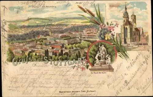 Litho Stuttgart in Baden Württemberg, Stiftskirche, Totalansicht, Hasenberg