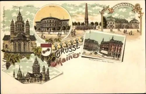 Litho Mainz am Rhein, Dom, Theater, Rheinische und Mainzer Bierhallen, Schloss