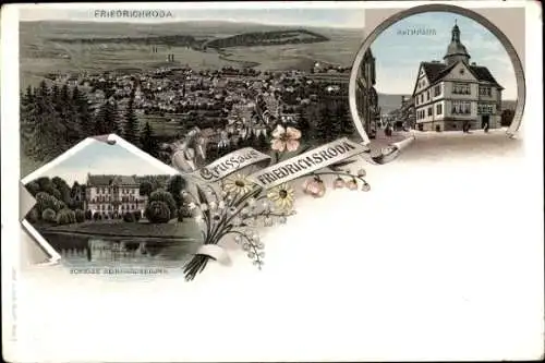 Litho Friedrichroda im Thüringer Wald, Rathaus, Schloss Reinhardsbrunn, Panoramaansicht vom Ort