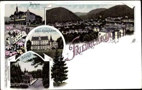 Litho Friedrichroda im Thüringer Wald, Schloss Reinhardsbrunn, Bahnhof, Kurhaus, Totalansicht