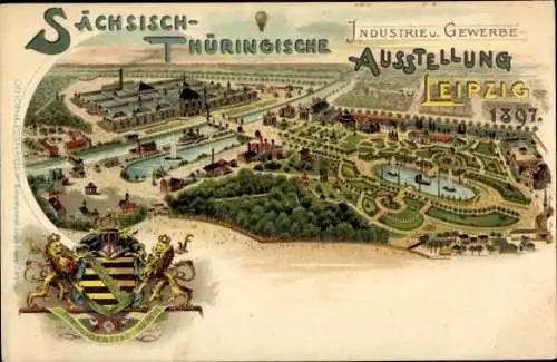 Wappen Litho Leipzig in Sachsen, Sächsisch Thüringische Industrie u. Gewerbe Ausstellung 1897,Ballon