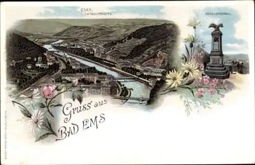 Litho Bad Ems an der Lahn, Totalansicht der Ortschaft, Kriegerdenkmal