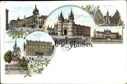 Litho Aachen in Nordrhein Westfalen, Post, Kaiserbad, Kaserne, Kriegerdenkmal, Kirche, Justizgebäude