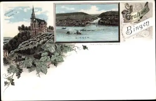 Litho Bingen am Rhein, Rochus-Kapelle, Rheinpartie