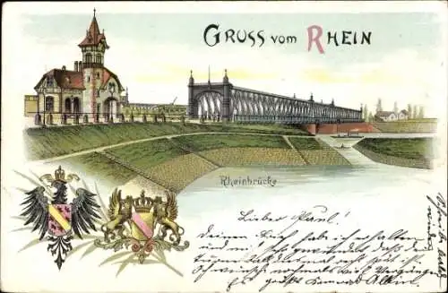 Litho Kehl Rhein, Brücke, Flusspartie, Gebäude, Wappen