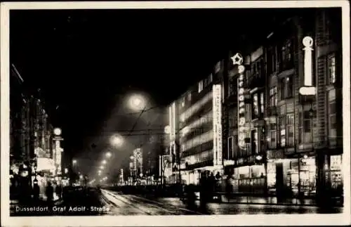 Ak Düsseldorf am Rhein, Graf Adolf Straße, Nachtansicht