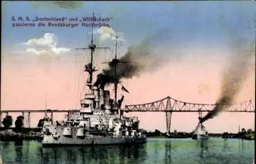 Ak Deutsches Kriegsschiff, SMS Wittelsbach, SMS Deutschland, Linienschiff, Rendsburger Hochbrücke