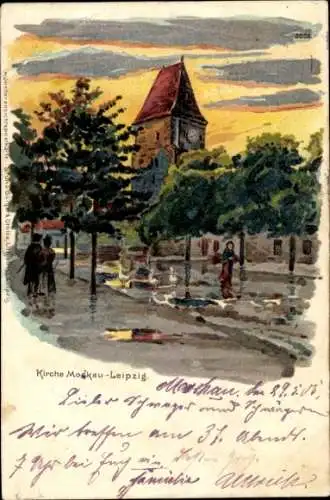 Litho Mockau Leipzig in Sachsen, Kirche, Allee, Passanten