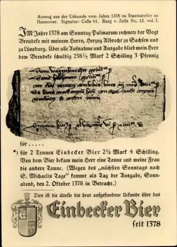 Ak Werbung, Einbecker Bier, Wappen, Auszug der Urkunde vom Jahre 1378