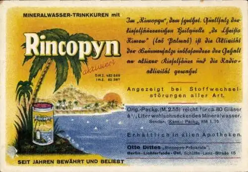 Ak Werbung, Mineralwasser-Trinkkuren mit Rincopyn, Stoffwechselstörungen