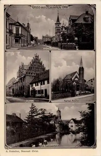 Ak Neustadt an der Orla, Bismarckstraße, Rathaus, Katholische Kirche, Gamsenteich