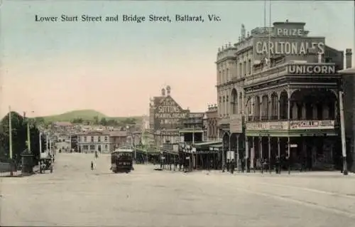 Ak Ballarat Victoria Australien, Lower Sturt Street und Bridge Street, Carlton Ales, Unicorm