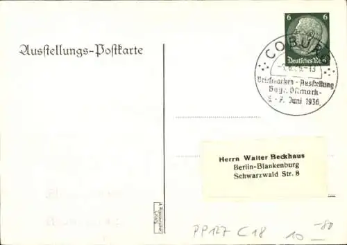 Ganzsachen Künstler Ak Luthardt, Hans, Coburg Oberfranken, Briefmarkenausstellung bayr. Ostmark 1936