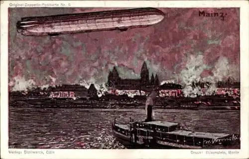 Künstler Ak Mainz am Rhein, Panorama, Brand, Luftschiff, Portrait Graf Zeppelin