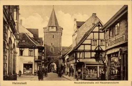 Ak Helmstedt in Niedersachsen, Neumärkerstraße, Hausmannsturm, Geschäft R. Wünschmann, Fachwerkhaus