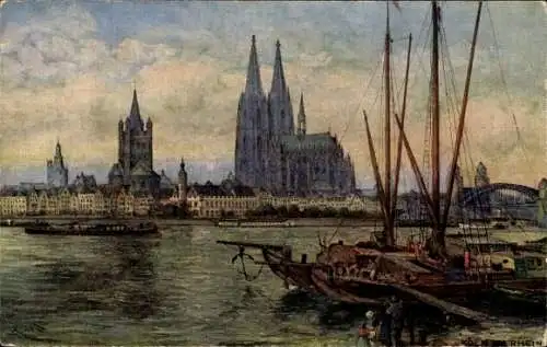 Künstler Ak Rüdell, K., Köln Rhein, Blick zum Dom, Boote