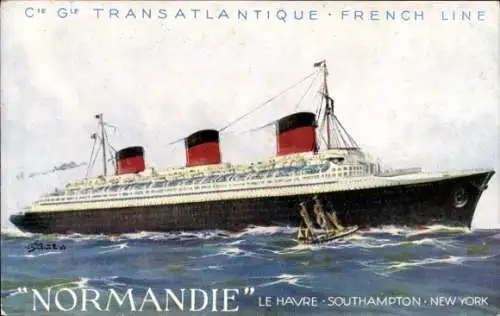 Künstler Ak CGT Dampfer Normandie, Compagnie Générale Transatlantique, French Line