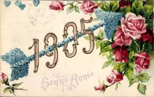 Präge Ak Glückwunsch Neujahr 1905, Blumen, Rosen, Vergissmeinnicht