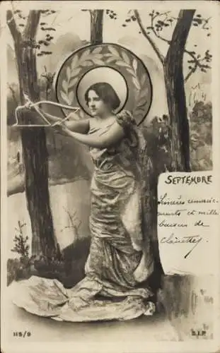 Ak Allegorie, September, Frau mit Bogen, Pfeil