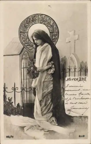 Ak Allegorie, Frau mit Blumenkranz, Kirche, Friedhof