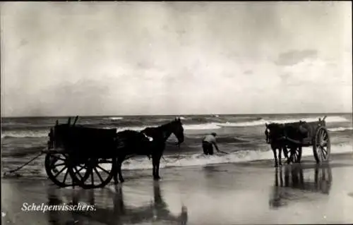 Ak Fischer am Strand, Fischfang, Pferde, Fuhrwerke