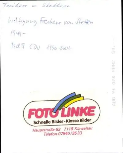 Foto Wolfgang Freiherr von Stetten, MdB CDU, Autogramm