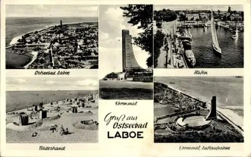 Ak Ostseebad Laboe, Marine Ehrenmal, Luftaufnahme, Hafen, Strand