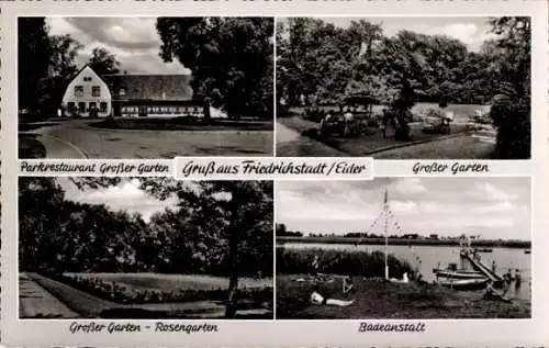 Ak Friedrichstadt an der Eider Nordfriesland, Parkrestaurant Großer Garten, Rosengarten, Badeanstalt