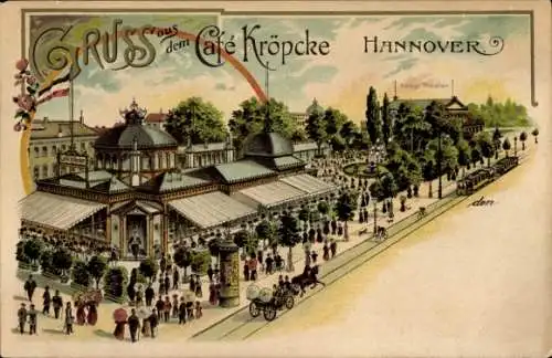 Litho Hannover in Niedersachsen, Café Kröpcke, Straßenbahn, Litfaßsäule, Theater