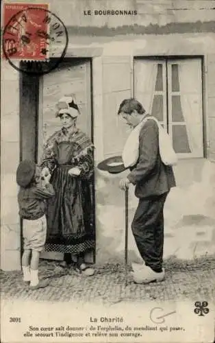 Ak Französische Volkstracht, Frau an der Tür, Kind, Mann mit Gehstock, Bitte