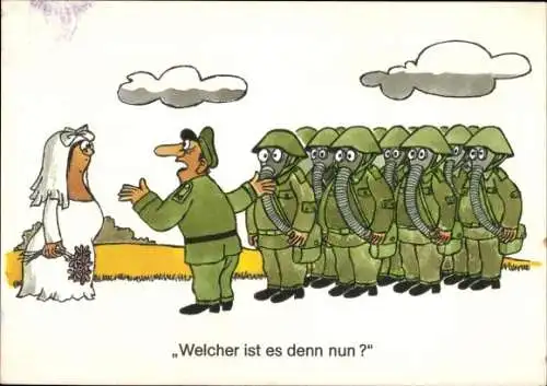 Künstler Ak Jankofsky, Heinz, Welcher ist es denn nun, NVA Soldaten mit Gasmasken, Braut