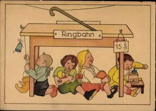 Künstler Ak Ringbahn, spielende Kinder unter einem Tisch, Kaffeemühle